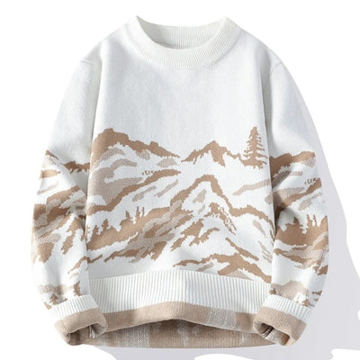 Men Knitted Sweater with Abstract Mountain Landscape Print