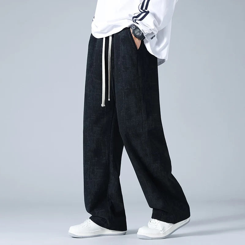 Men Corduroy Pants with Drawstring Waist and Straight Leg