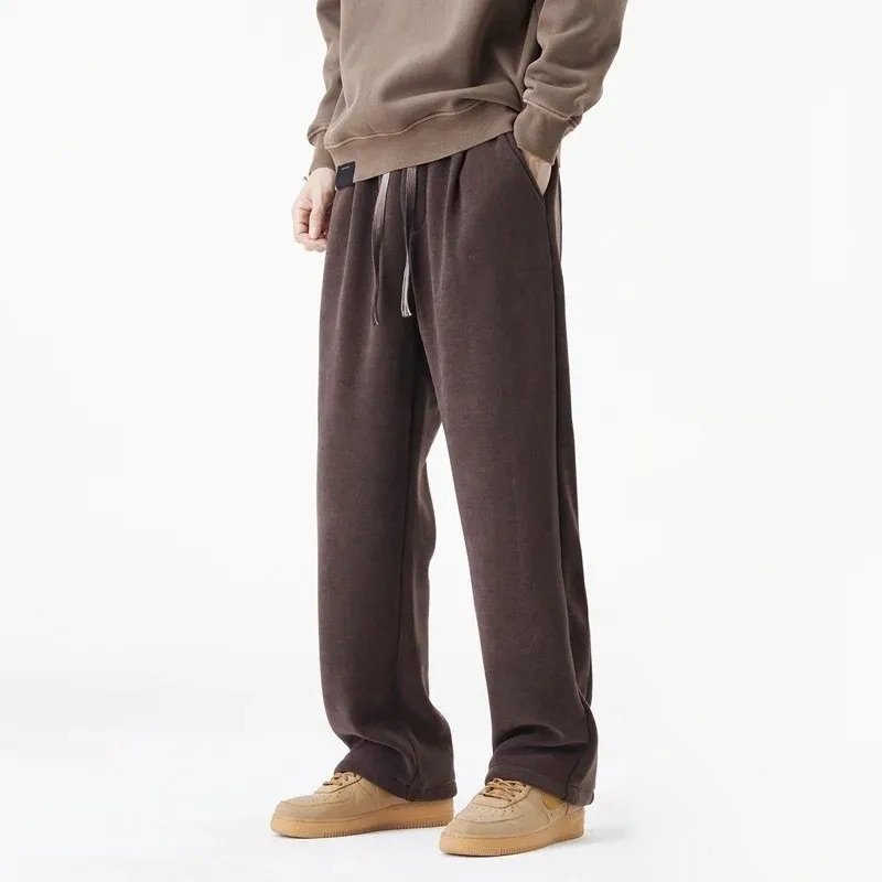 Men Winter Fleece-Lined Pants with Drawstring Waist and Straight Leg