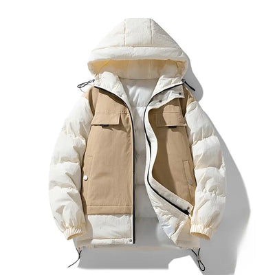 Men's Winter Puffer Jacket with Colorblock Design and Adjustable Hood