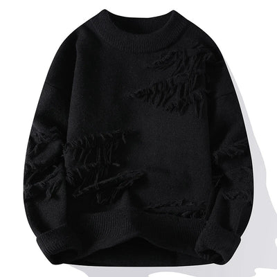 Men Knitted Sweater with Frayed Detailing and Colorblock Pattern