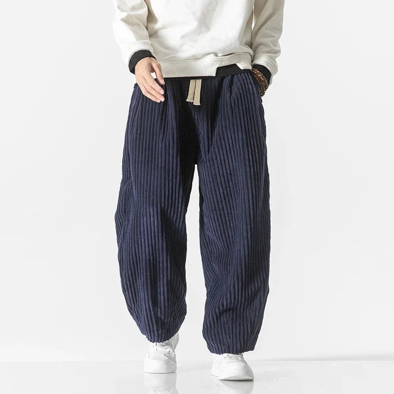 Men Corduroy Pants with Wide-Wale Texture and Adjustable Waist