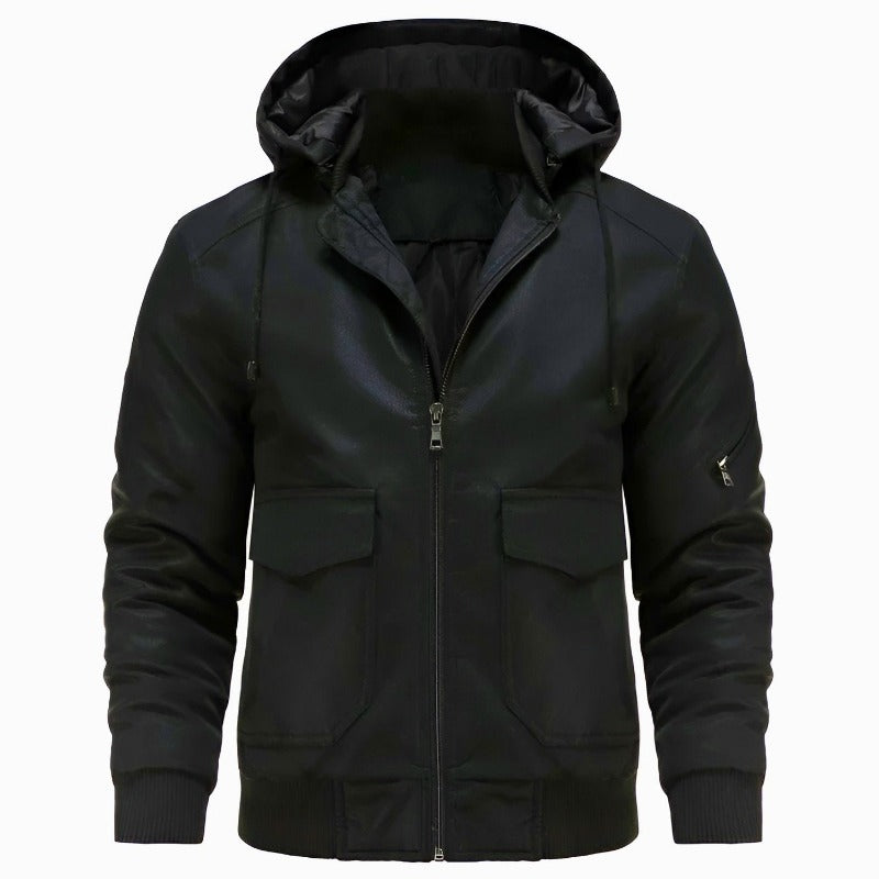 Men's Winter Quilted Leather Jacket with Point Collar