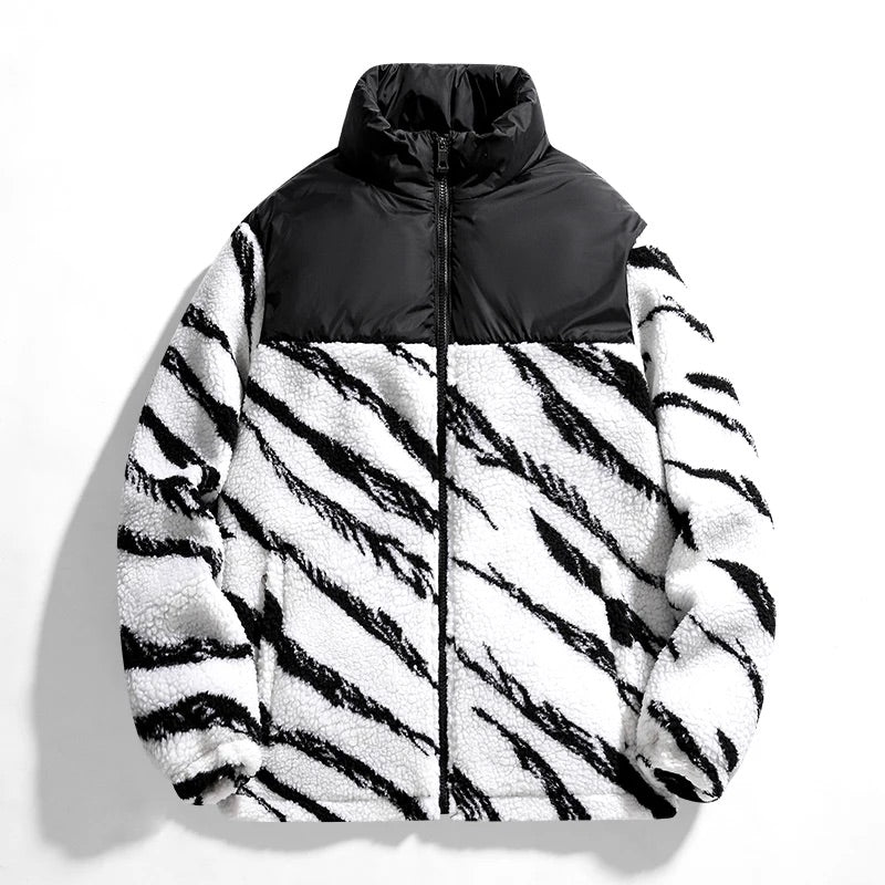 Men's Winter Sherpa Lined Zip Jacket with Animal Print and High Neck Collar