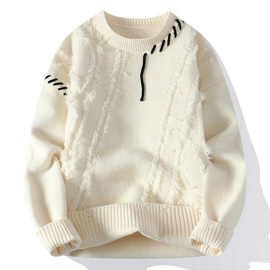 Men's Knitted Sweater with Italian Frayed Detail and Double-Stitched Seams