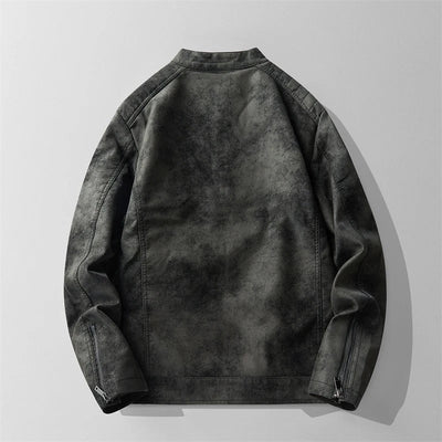 Men's Winter Moto Jacket with Distressed Leather Finish and High-Neck Collar