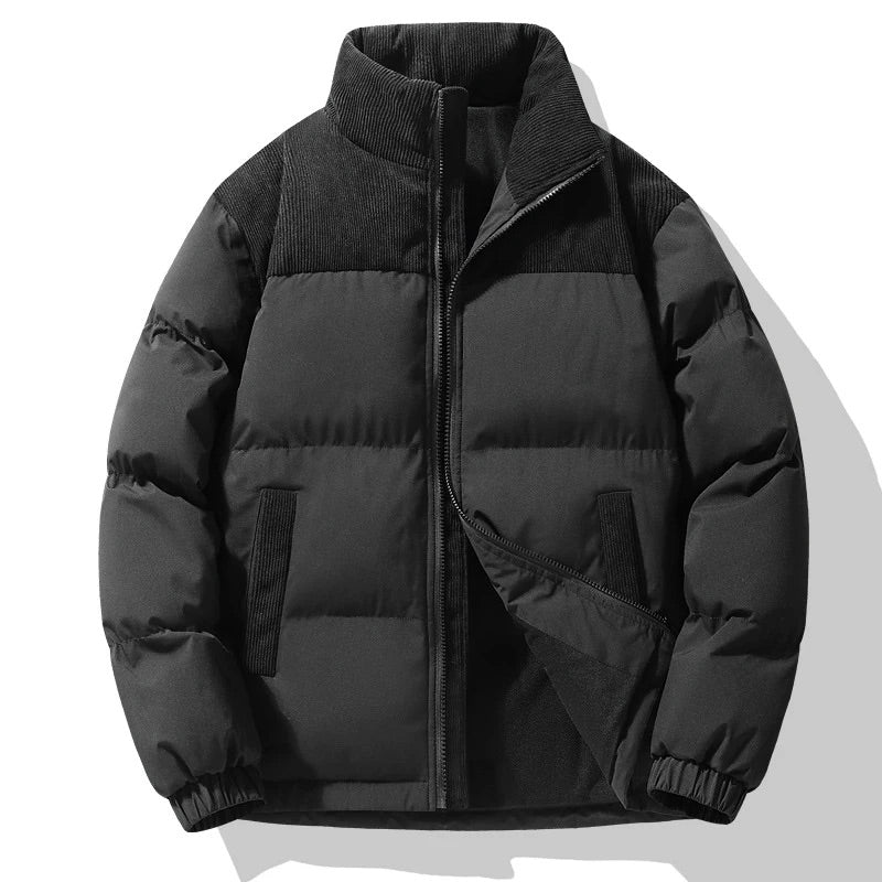 Men's Winter Puffer Jacket with Corduroy Accents and Full-Zip Closure