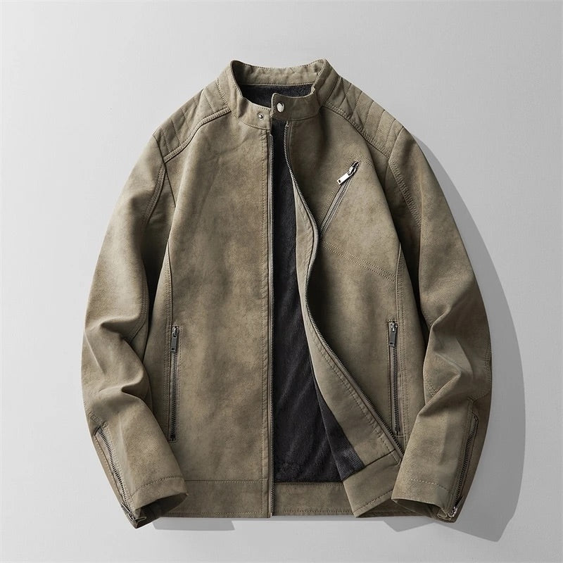 Men's Winter Moto Jacket with Distressed Leather Finish and High-Neck Collar
