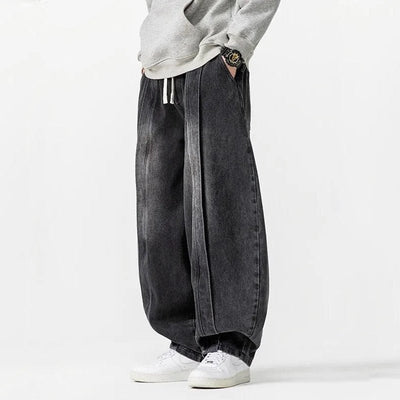 Men Ultra-Baggy Wide-Leg Jeans with Adjustable Drawstring Waist and Acid Wash