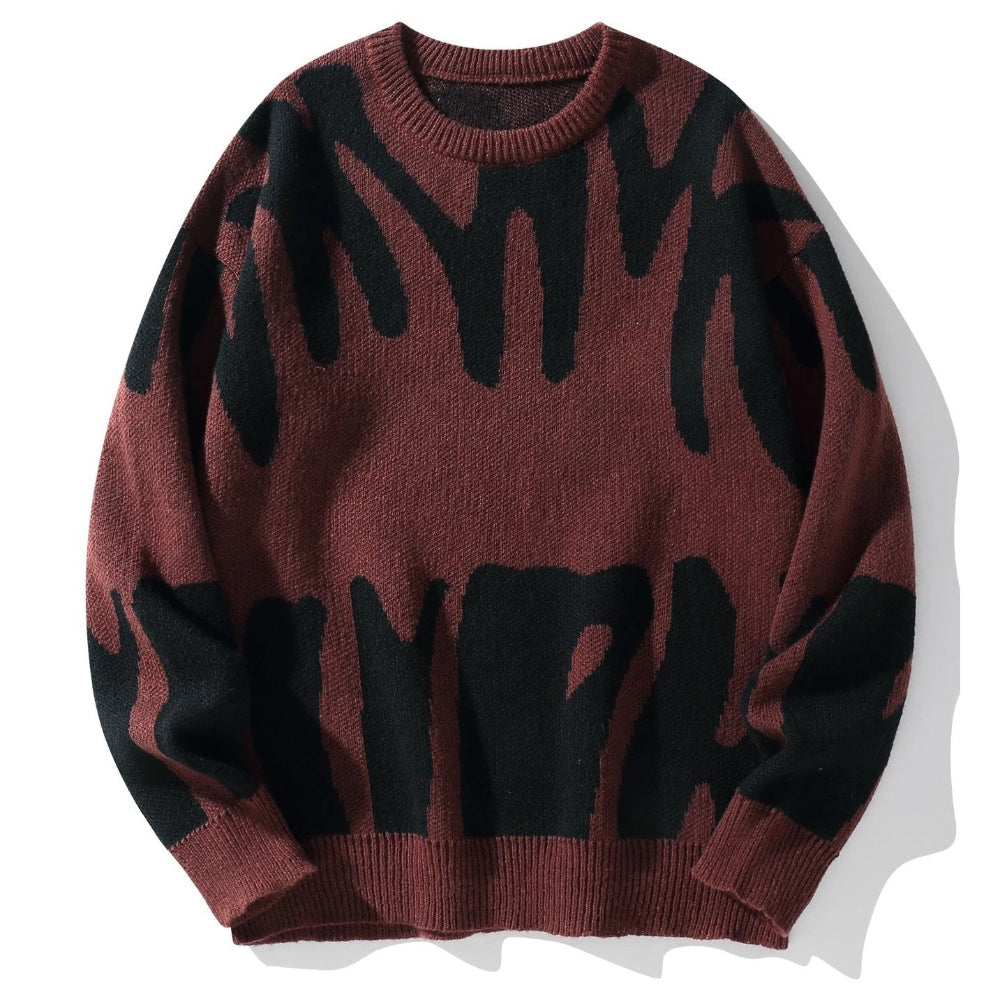 Men's Knitted Sweater with Abstract Pattern and Ribbed Trim