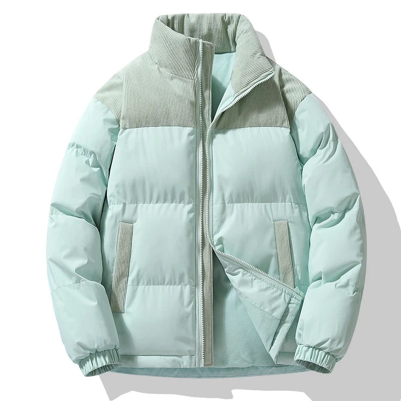 Men's Winter Puffer Jacket with Corduroy Accents and Full-Zip Closure