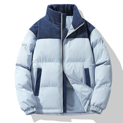 Men's Winter Puffer Jacket with Corduroy Accents and Full-Zip Closure