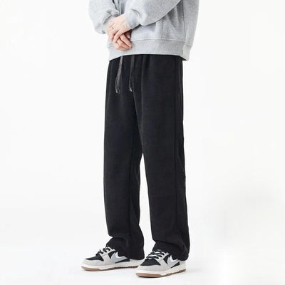 Men Winter Fleece-Lined Pants with Drawstring Waist and Straight Leg