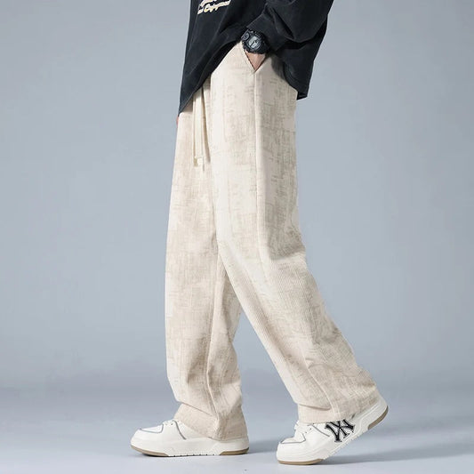 Men Corduroy Pants with Drawstring Waist and Straight Leg