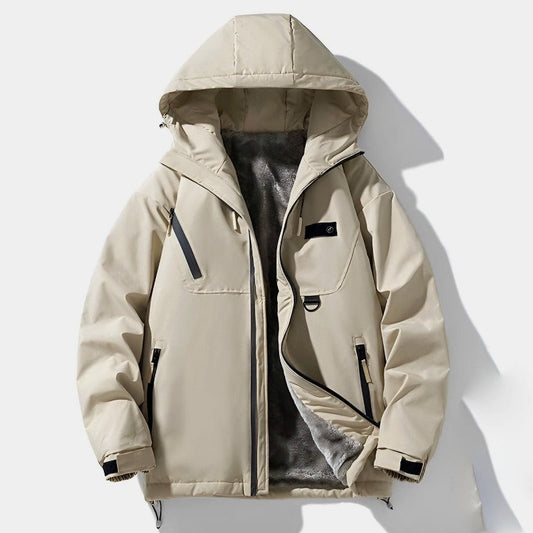 Men's Winter Jacket with Wind-Resistant Fabric, Faux Fur Lining, and Zipper Pockets