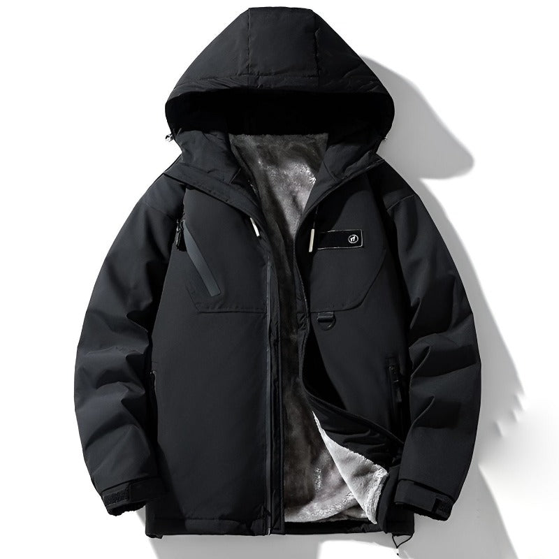Men's Winter Jacket with Wind-Resistant Fabric, Faux Fur Lining, and Zipper Pockets