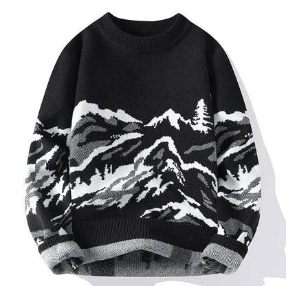 Men Knitted Sweater with Abstract Mountain Landscape Print