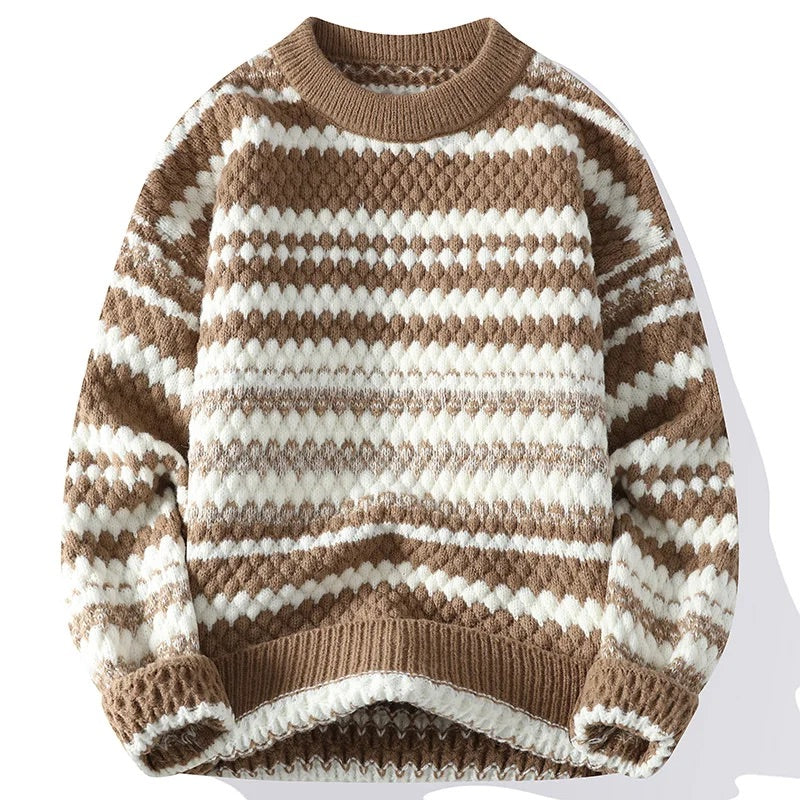 Men's Knitted Sweater with Italian Textured Pattern and Double-Stitch Detail