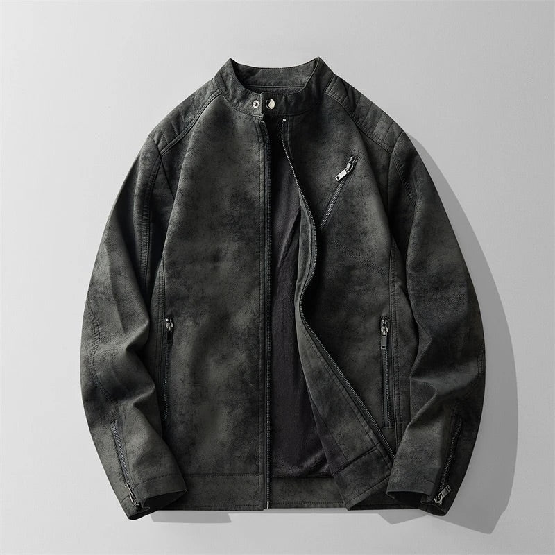 Men's Winter Moto Jacket with Distressed Leather Finish and High-Neck Collar
