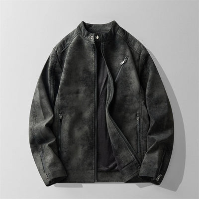 Men's Winter Moto Jacket with Distressed Leather Finish and High-Neck Collar