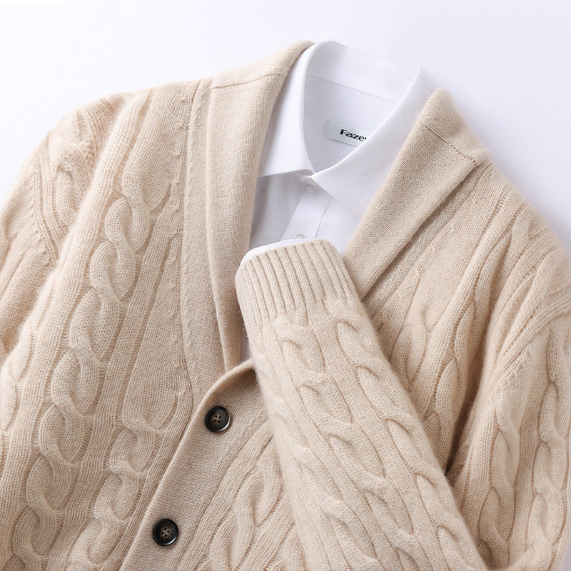 Men's Cable Knit Shawl Collar Cardigan with Walnut Buttons
