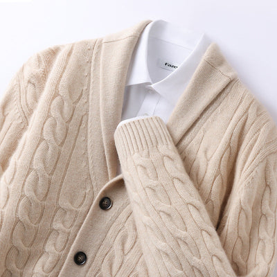 Men's Cable Knit Shawl Collar Cardigan with Walnut Buttons