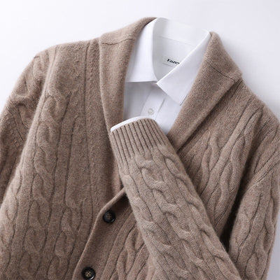 Men's Cable Knit Shawl Collar Cardigan with Walnut Buttons