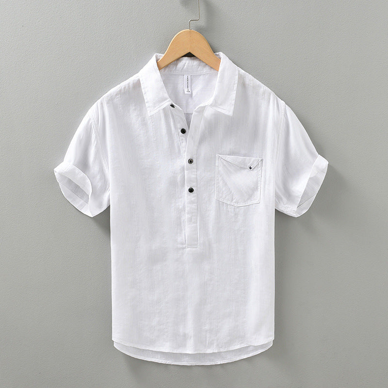 Men's Linen Shirt with Half-Button Front and Rolled Sleeves