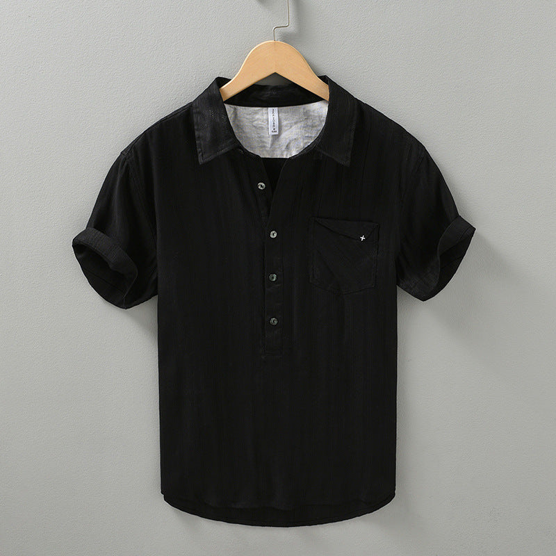 Men's Linen Shirt with Half-Button Front and Rolled Sleeves