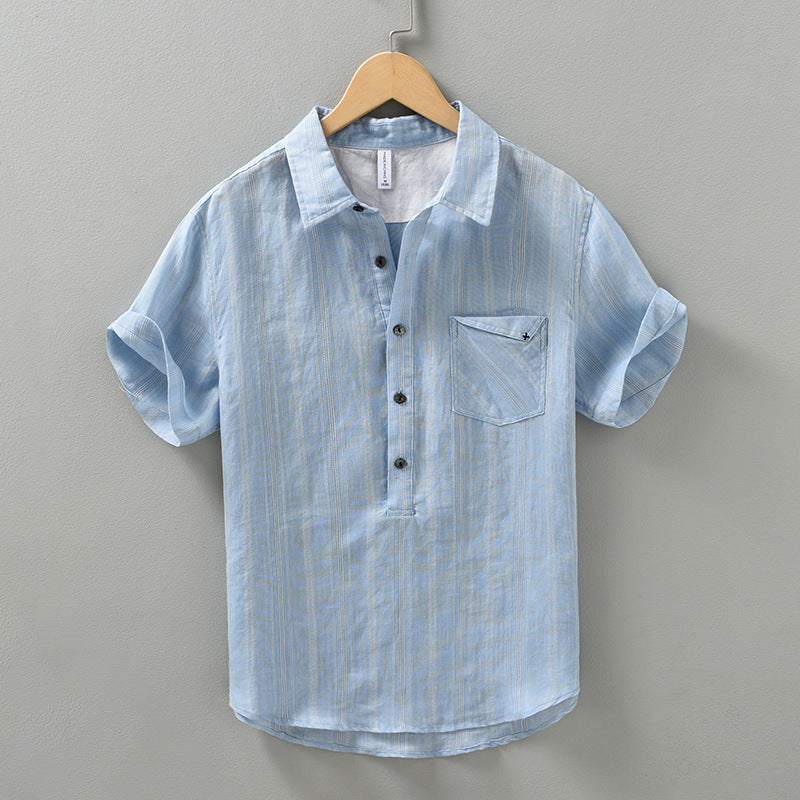 Men's Linen Shirt with Half-Button Front and Rolled Sleeves