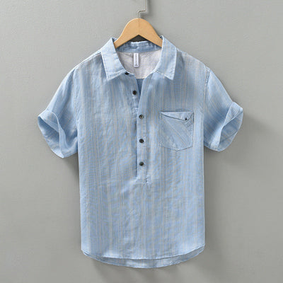 Men's Linen Shirt with Half-Button Front and Rolled Sleeves