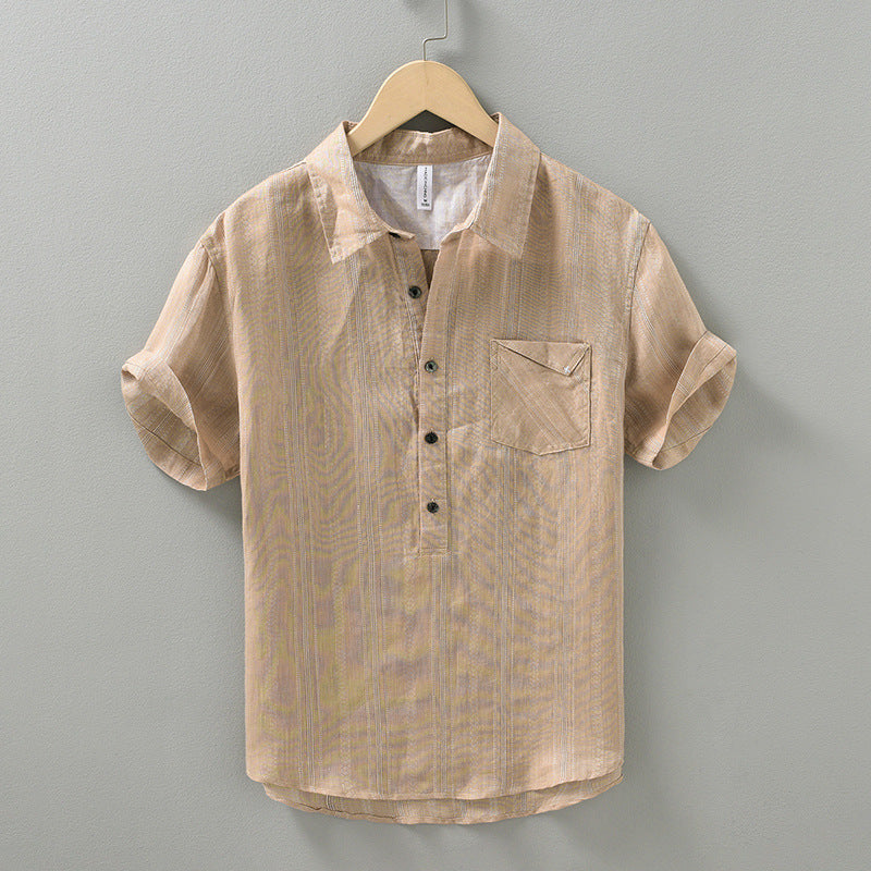 Men's Linen Shirt with Half-Button Front and Rolled Sleeves