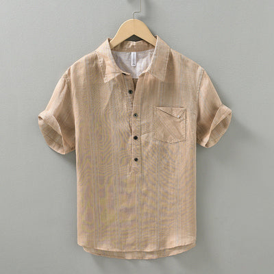 Men's Linen Shirt with Half-Button Front and Rolled Sleeves