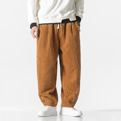 Men Corduroy Pants with Wide-Wale Texture and Adjustable Waist