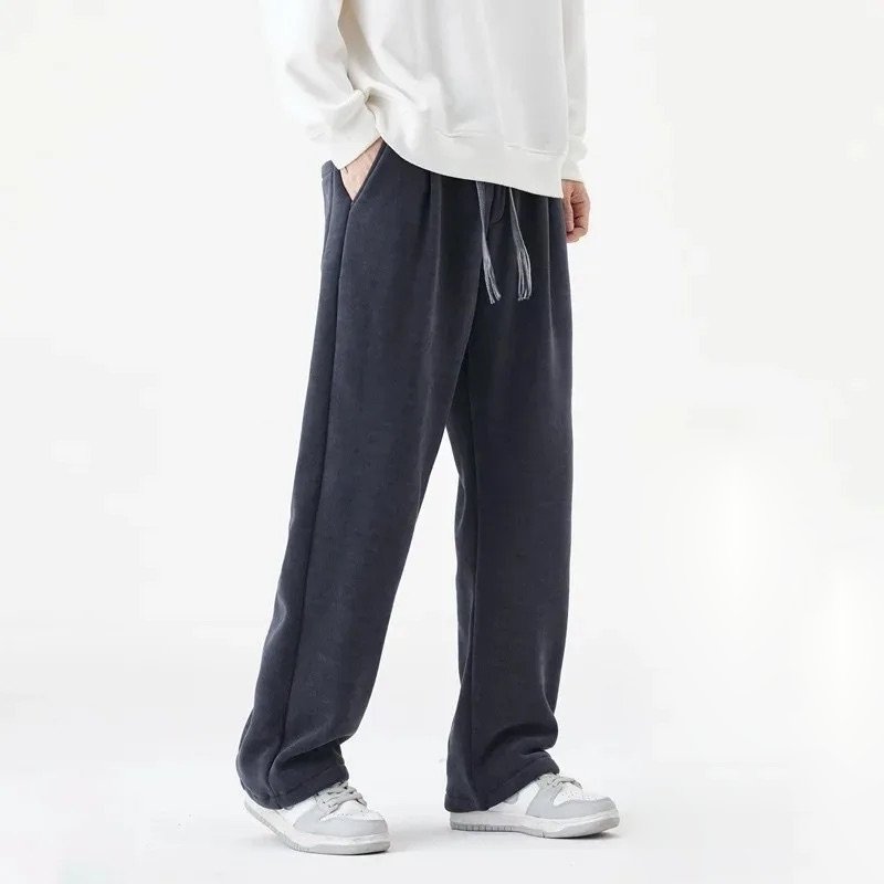 Men Winter Fleece-Lined Pants with Drawstring Waist and Straight Leg