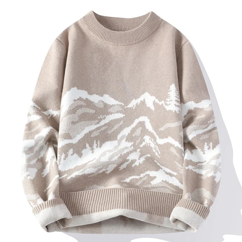 Men Knitted Sweater with Abstract Mountain Landscape Print
