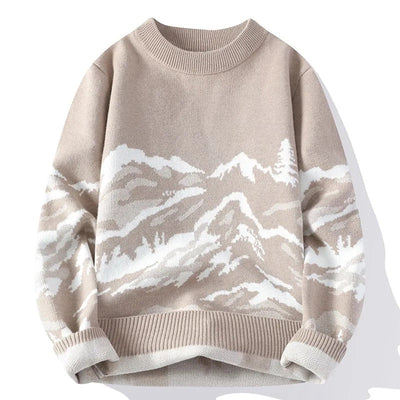 Men Knitted Sweater with Abstract Mountain Landscape Print