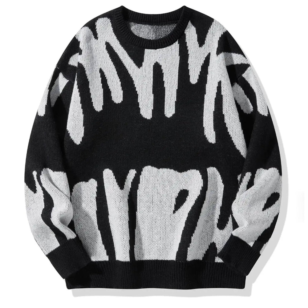 Men's Knitted Sweater with Abstract Pattern and Ribbed Trim