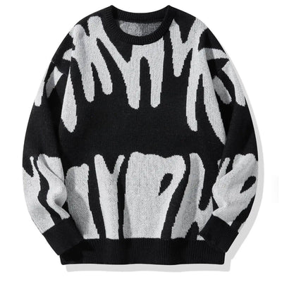 Men's Knitted Sweater with Abstract Pattern and Ribbed Trim