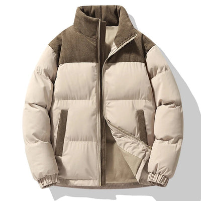 Men's Winter Puffer Jacket with Corduroy Accents and Full-Zip Closure