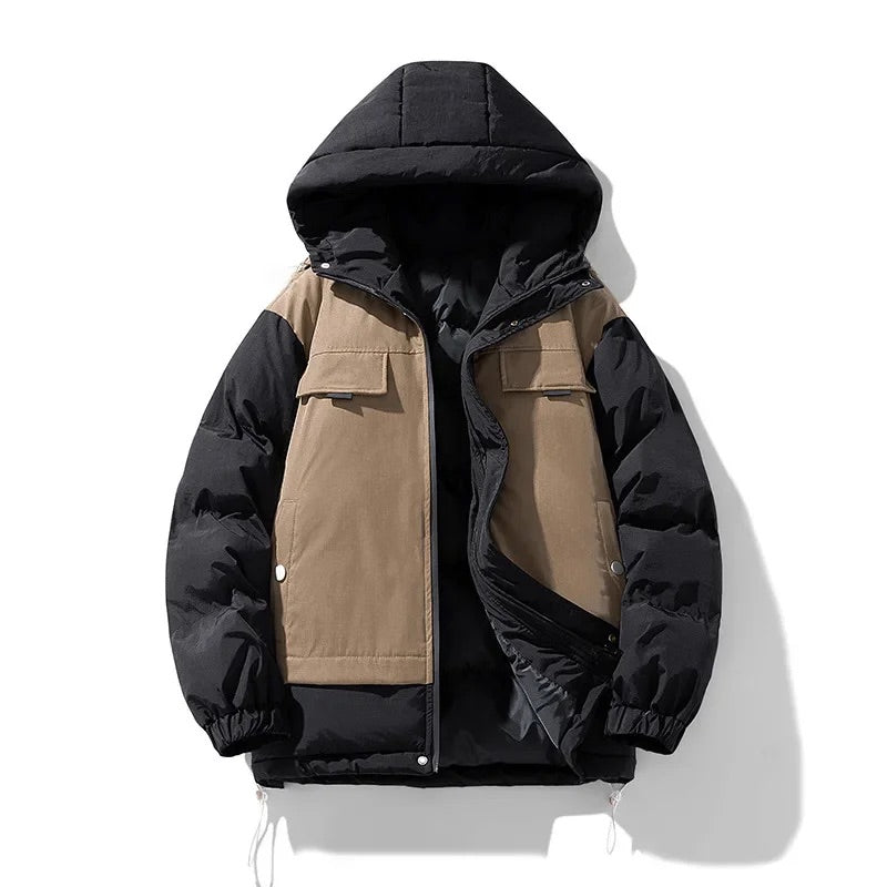 Men's Winter Puffer Jacket with Colorblock Design and Adjustable Hood