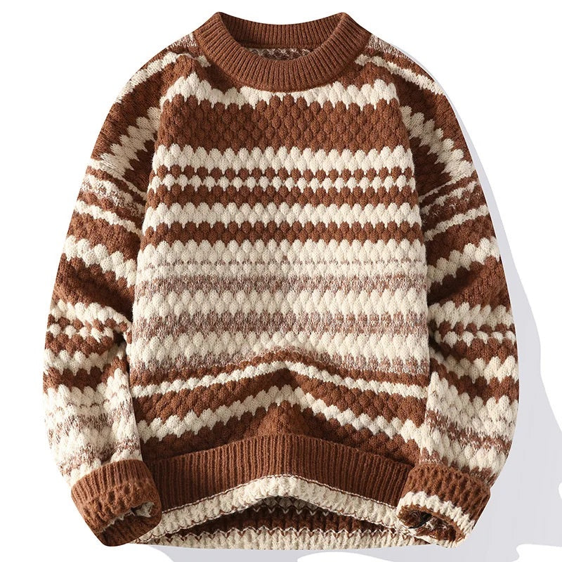 Men's Knitted Sweater with Italian Textured Pattern and Double-Stitch Detail