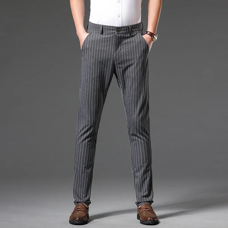 Men Slim-Fit Striped Dress Pants with 4-Way Stretch