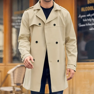 Men's Spring Trench Coat with Water-Resistant Shell and Multiple Pockets