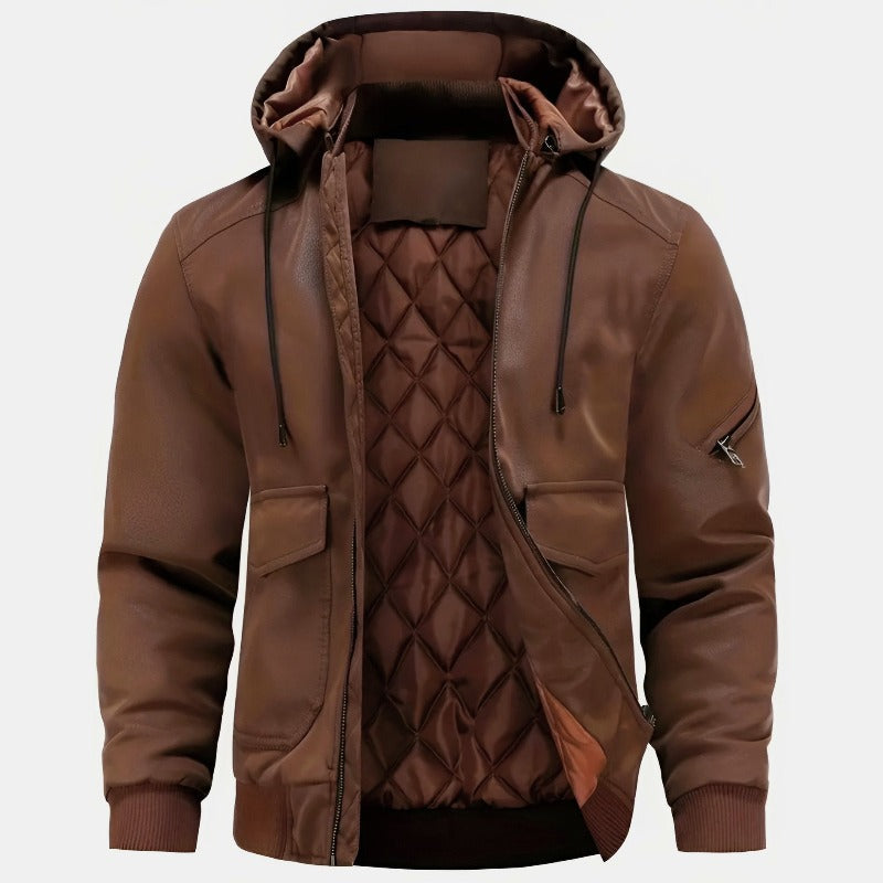 Men's Winter Quilted Leather Jacket with Point Collar