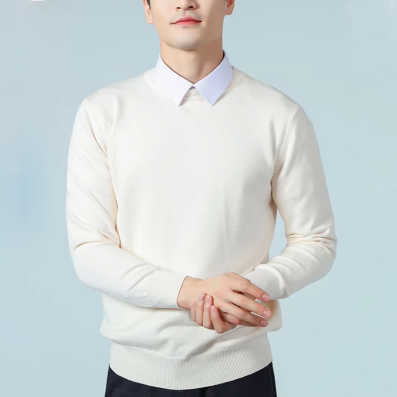 Men's Brushed Wool-Blend O-Neck Pullover with Fringed Trim