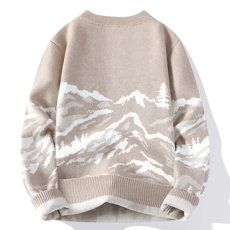 Men Knitted Sweater with Abstract Mountain Landscape Print