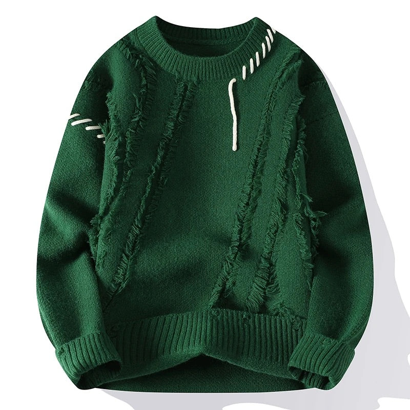 Men's Knitted Sweater with Italian Frayed Detail and Double-Stitched Seams