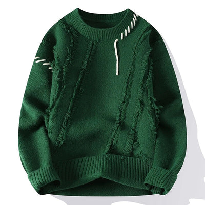 Men's Knitted Sweater with Italian Frayed Detail and Double-Stitched Seams
