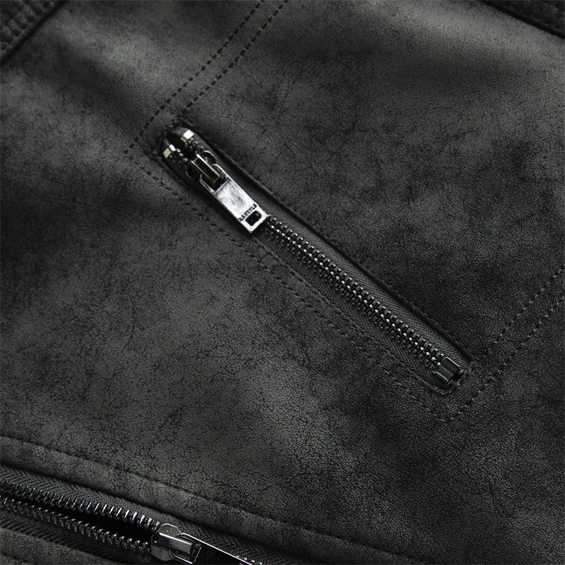 Men's Winter Moto Jacket with Distressed Leather Finish and High-Neck Collar